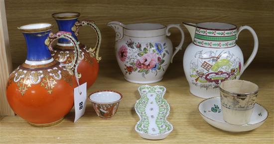 A Pearlware jug, a floral jug, a floral dish and a pair of Samuel Alcock vases